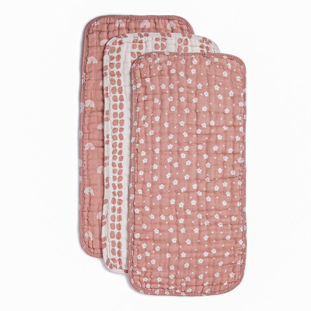 ORGANIC MUSLIN BURP CLOTHS, 3 PACK (DESERT PINK + IVORY)