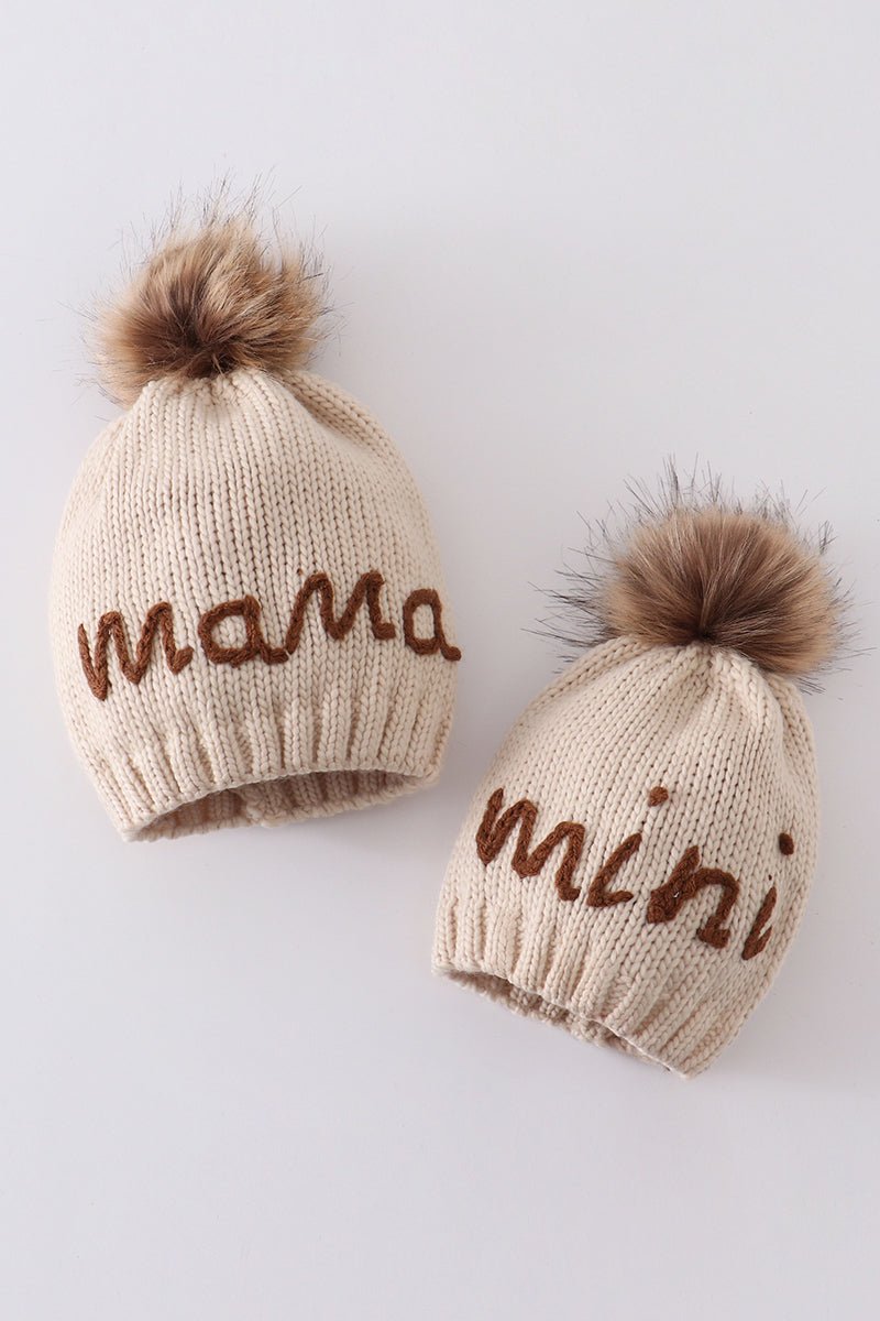 Hand embroidered pom pom beanie hat mommy&me - The Everyday Things Boutique