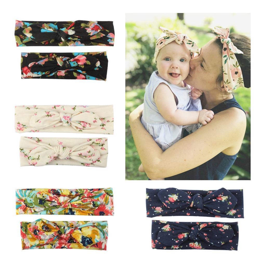 Modern Handmade Mother Baby Turban Matching Headband Mom Daughter Rabbit Ears Headbands Floral Print Bow - The Everyday Things Boutique