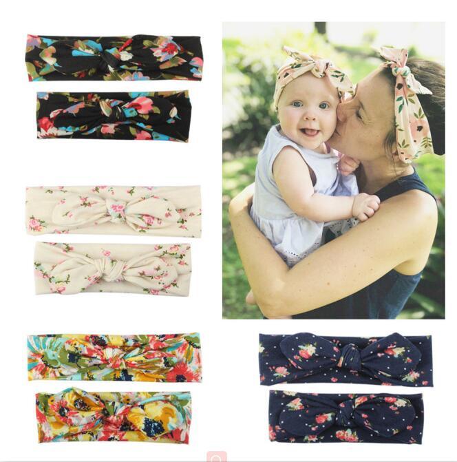 Modern Handmade Mother Baby Turban Matching Headband Mom Daughter Rabbit Ears Headbands Floral Print Bow - The Everyday Things Boutique