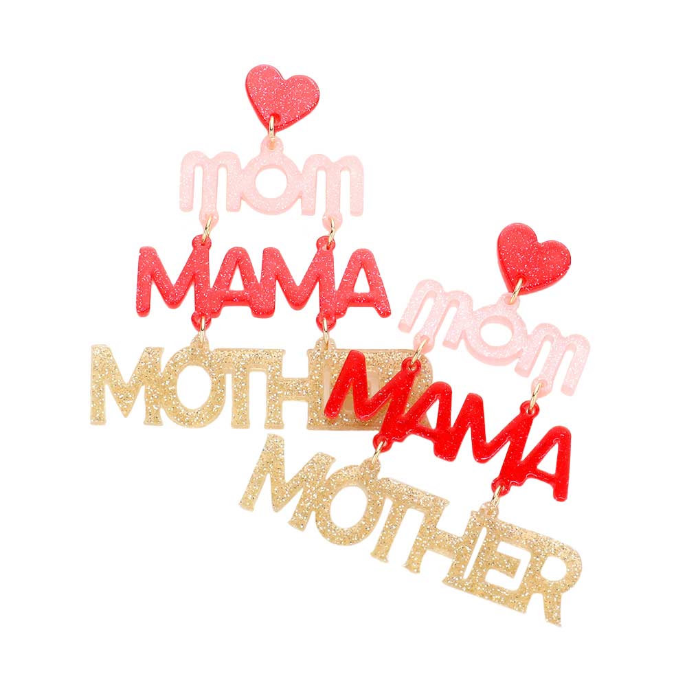 Mom Mama Mother Glittered Resin Heart Message Earrings - The Everyday Things Boutique